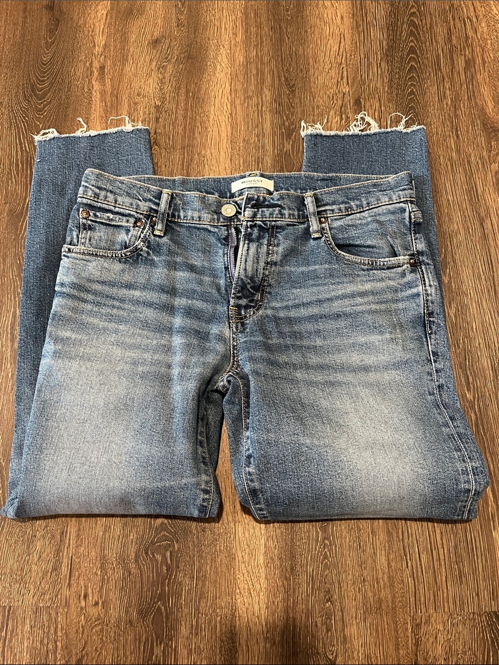 Moussy Light Blue Straight-Leg Jeans with Frayed Hem